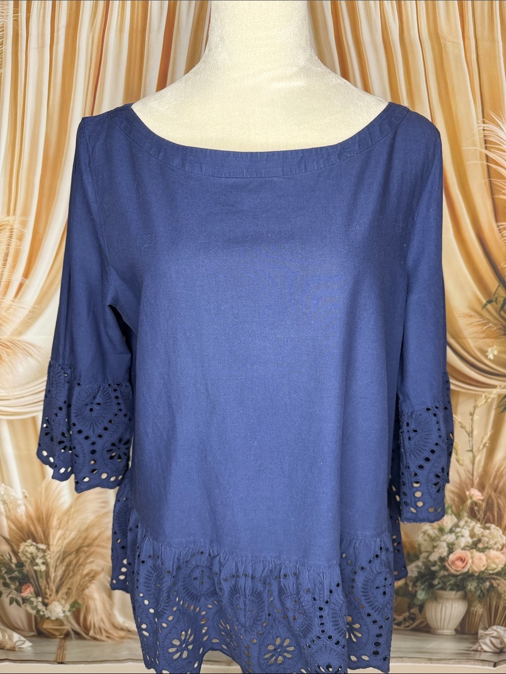LOFT Navy Eyelet-Trim Scoop Neck Top